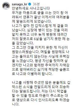 3D펜 유튜버 사나고 고양이 나고 사망