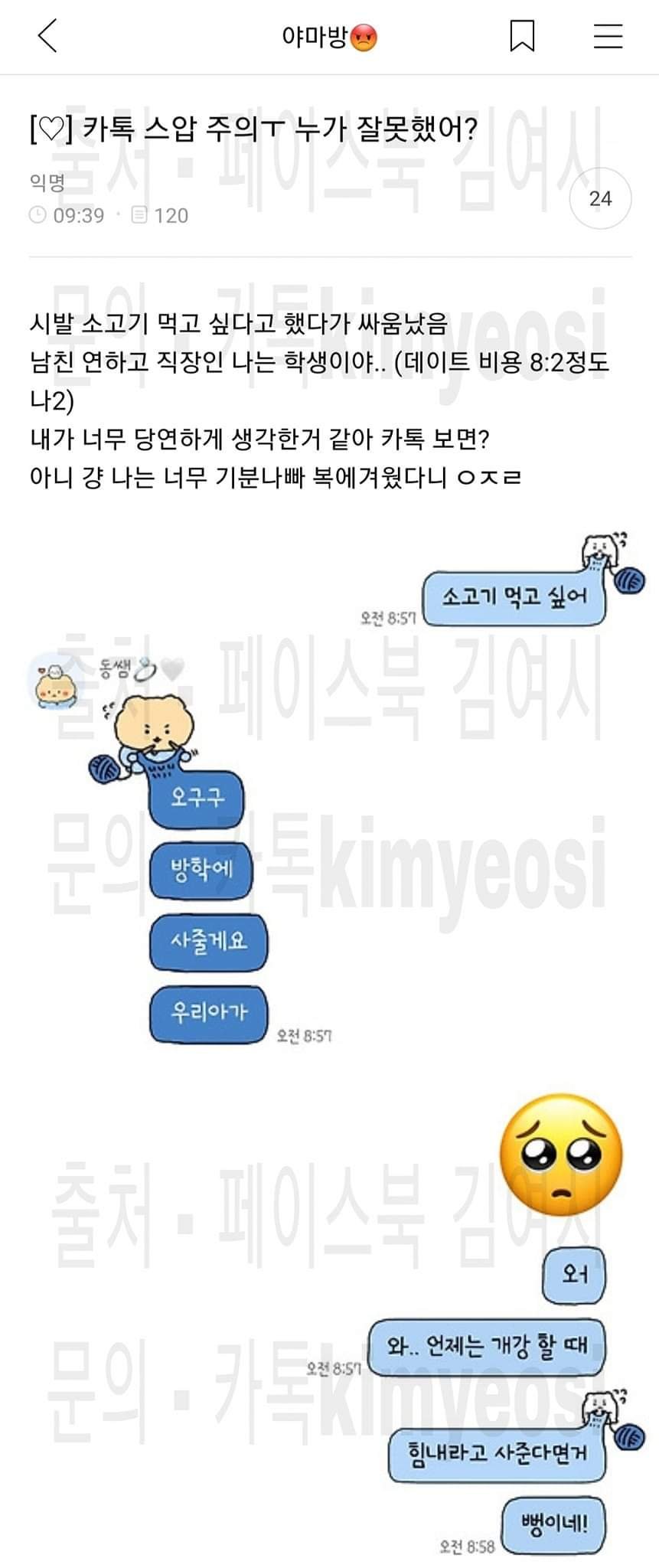 연하남친에게 소고기 사달라고 했다가 싸웠다며 카톡 대화 박제한 여시 회원