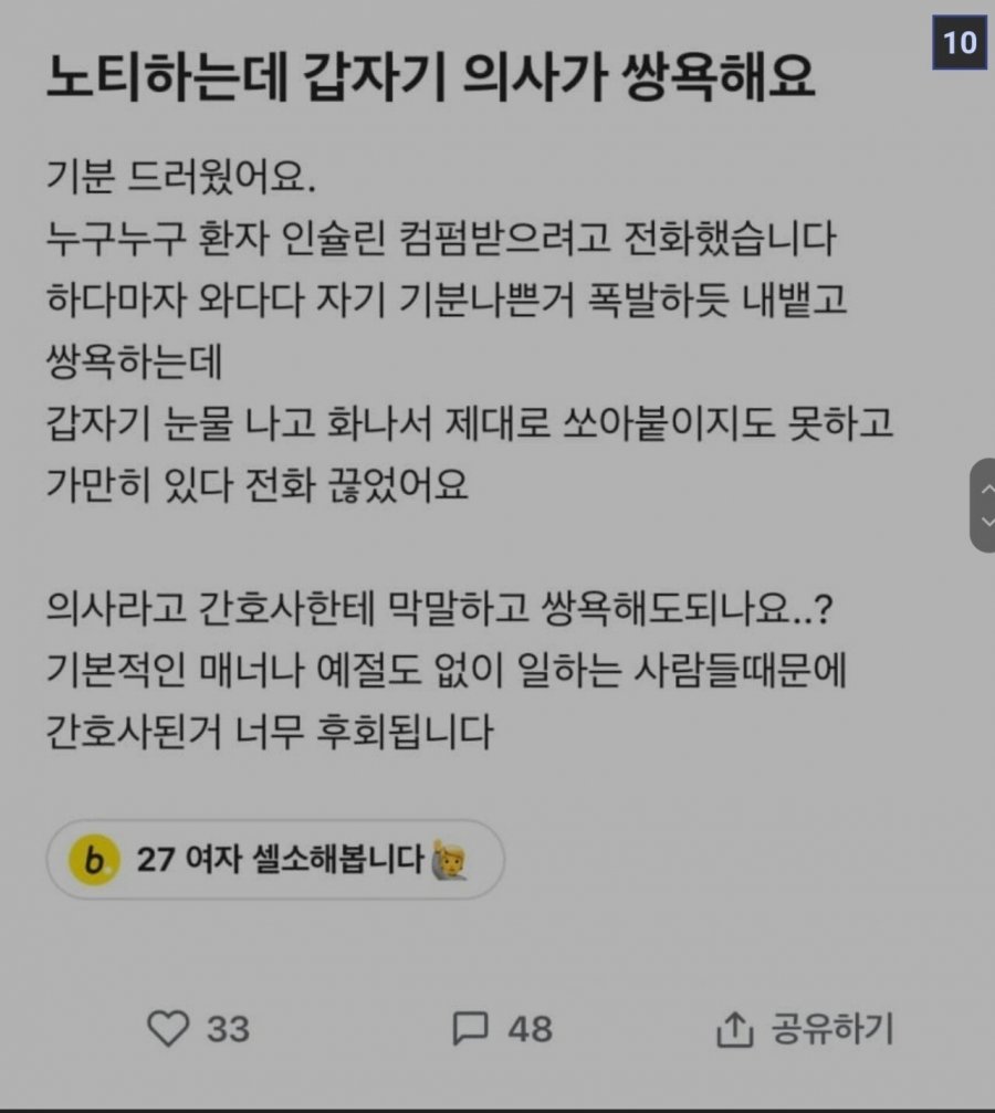 의사들이 직장에서 동료를 대하는 수준